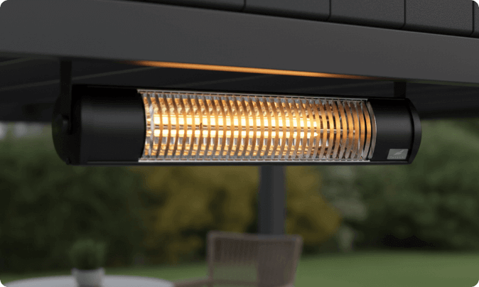 Integrated outdoor heater under awning